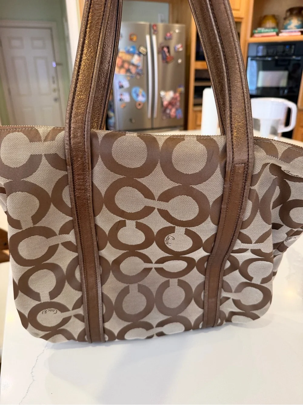 Coach Logo Tote Bag Brown/Beige Zip Closure w/ Charm, Inner & Outer Pockets